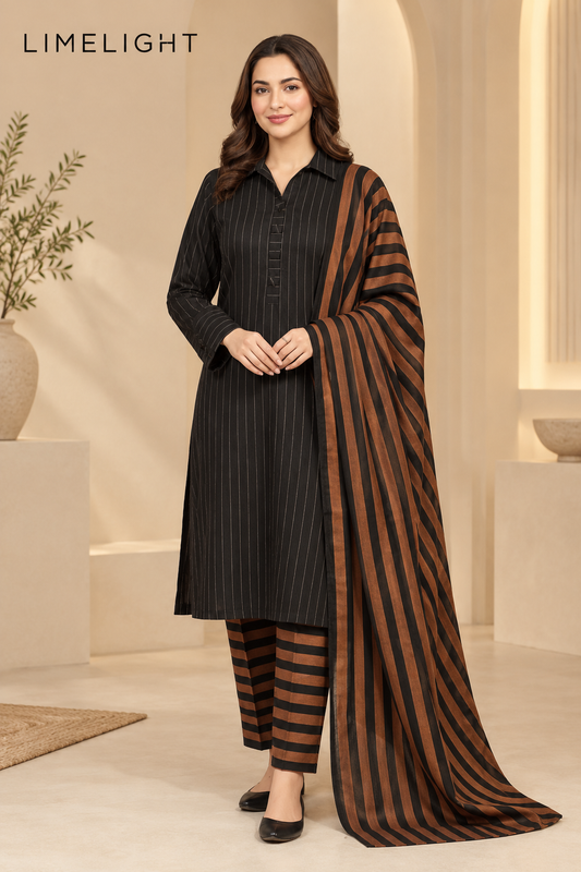 LIMELIGHT Winter Khaddar 3-Piece Unstitched Suit – Premium Striped Collection