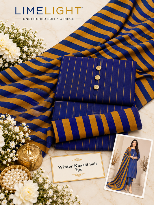 LIMELIGHT Winter Khaddar 3-Piece Unstitched Suit – Premium Striped Collection