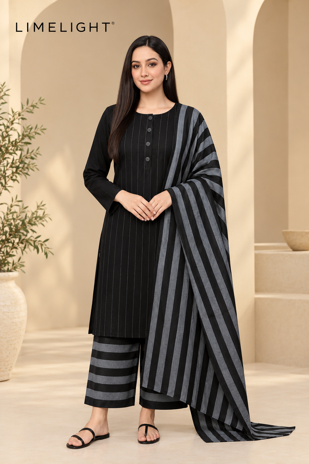 LIMELIGHT Winter Khaddar 3-Piece Unstitched Suit – Premium Striped Collection